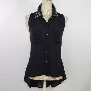 Papaya Women Size M Black Studded Sleeveless Button Down Pockets Sheer Top Goth